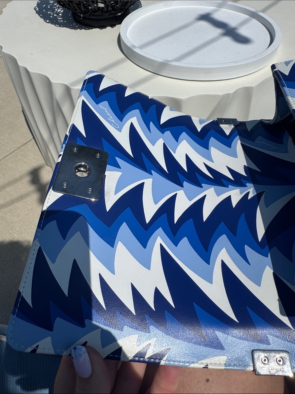 CHANEL Blue & White Chevron Boy Bag with Chain Strap - Picture 9 of 12